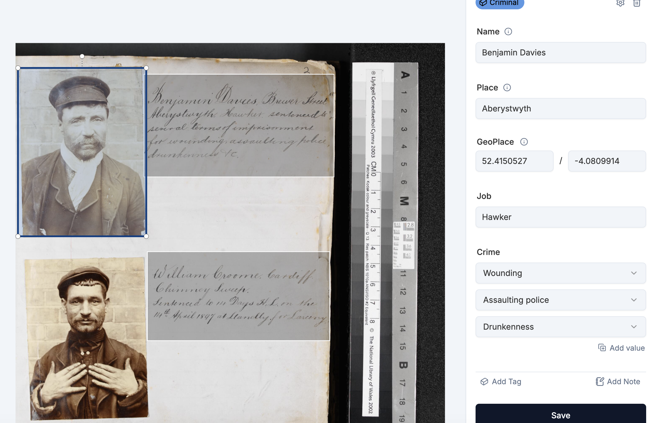 Screenshot showing the criminal class details being filled in
