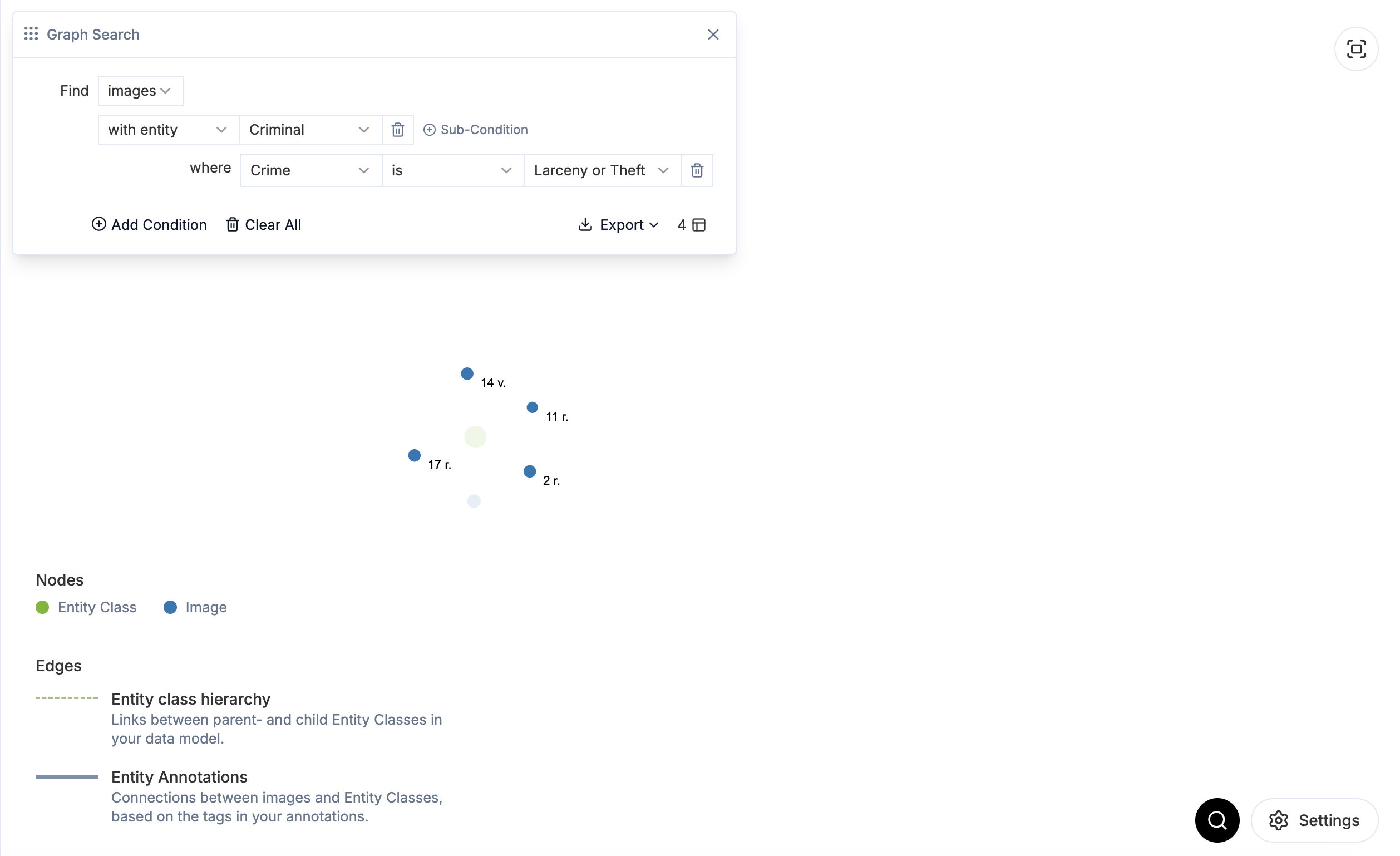 Screenshot of graph search showing the 4 criminals with a Theft conviction