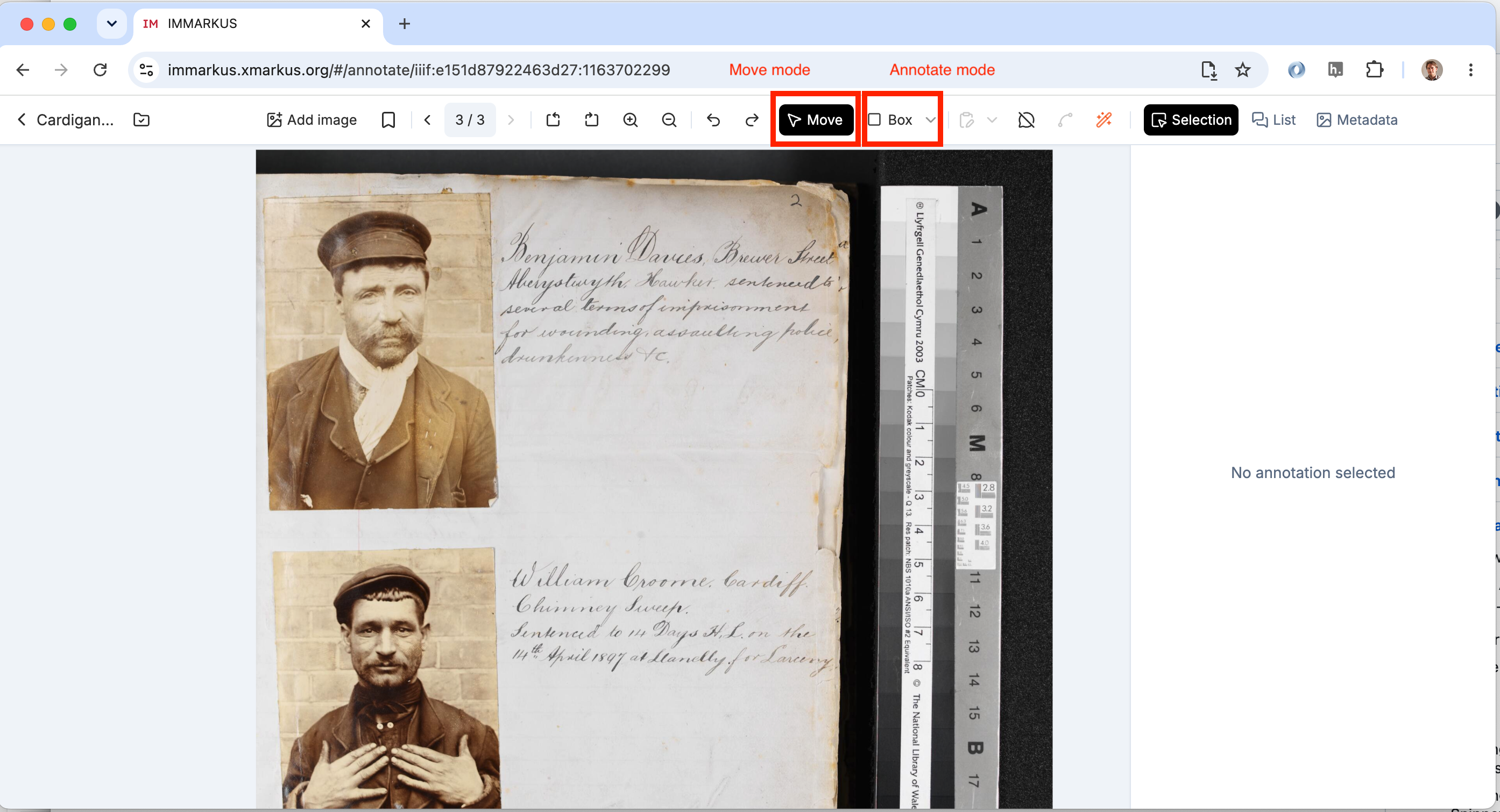 Annotation interface showing the moving mode and the annotate mode
