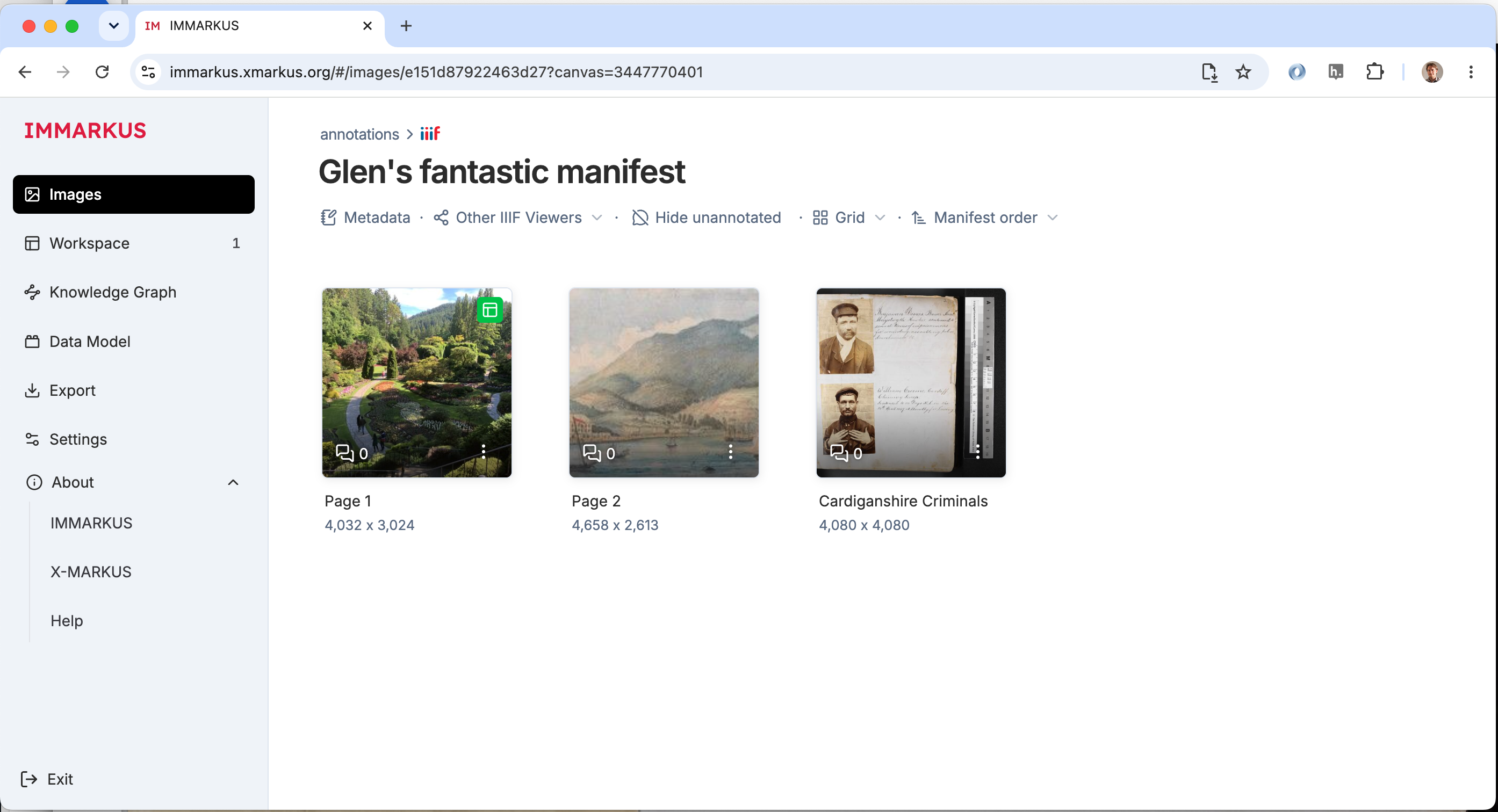 List of canvases, choose one to annotate
