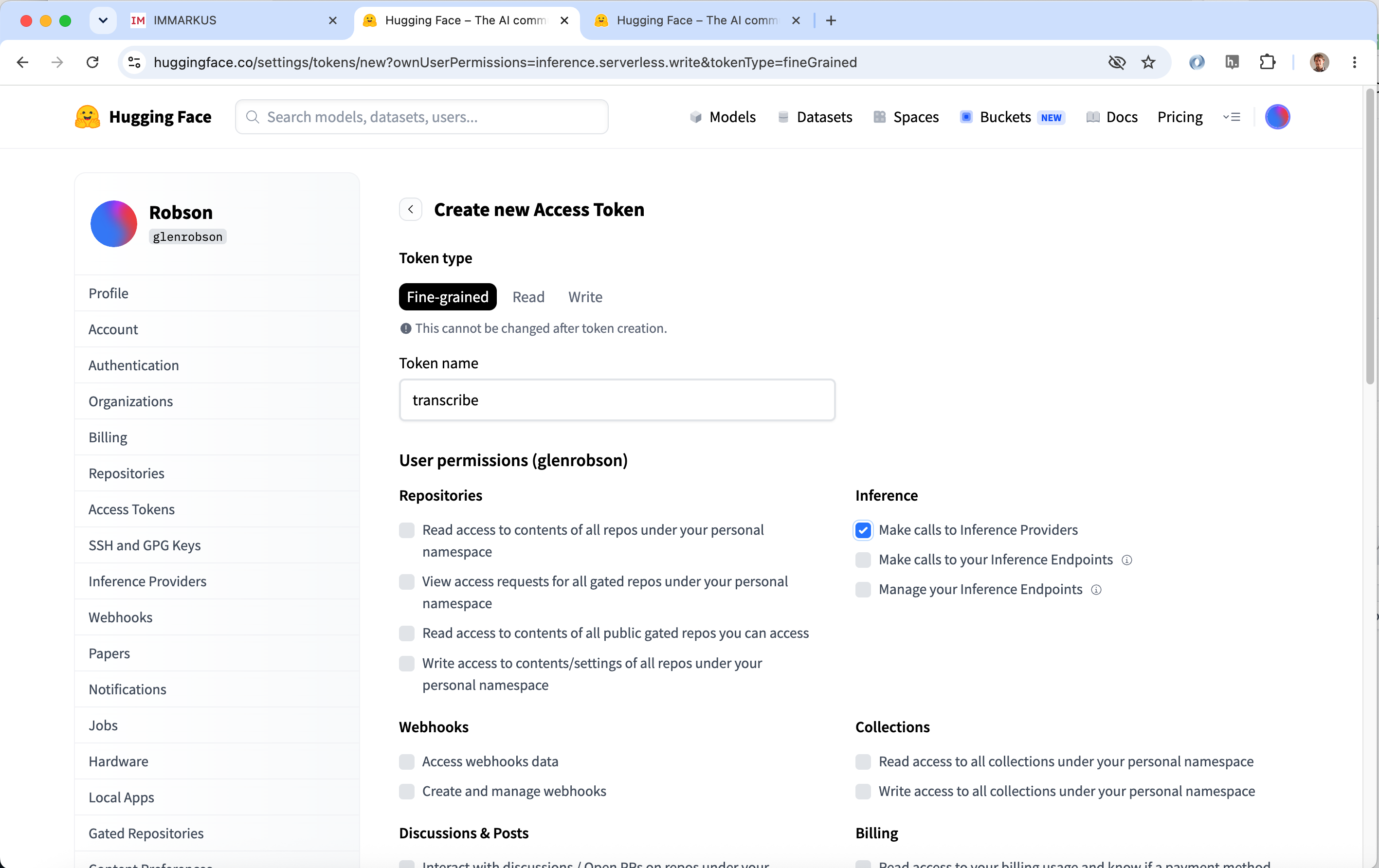 HuggingFace create token