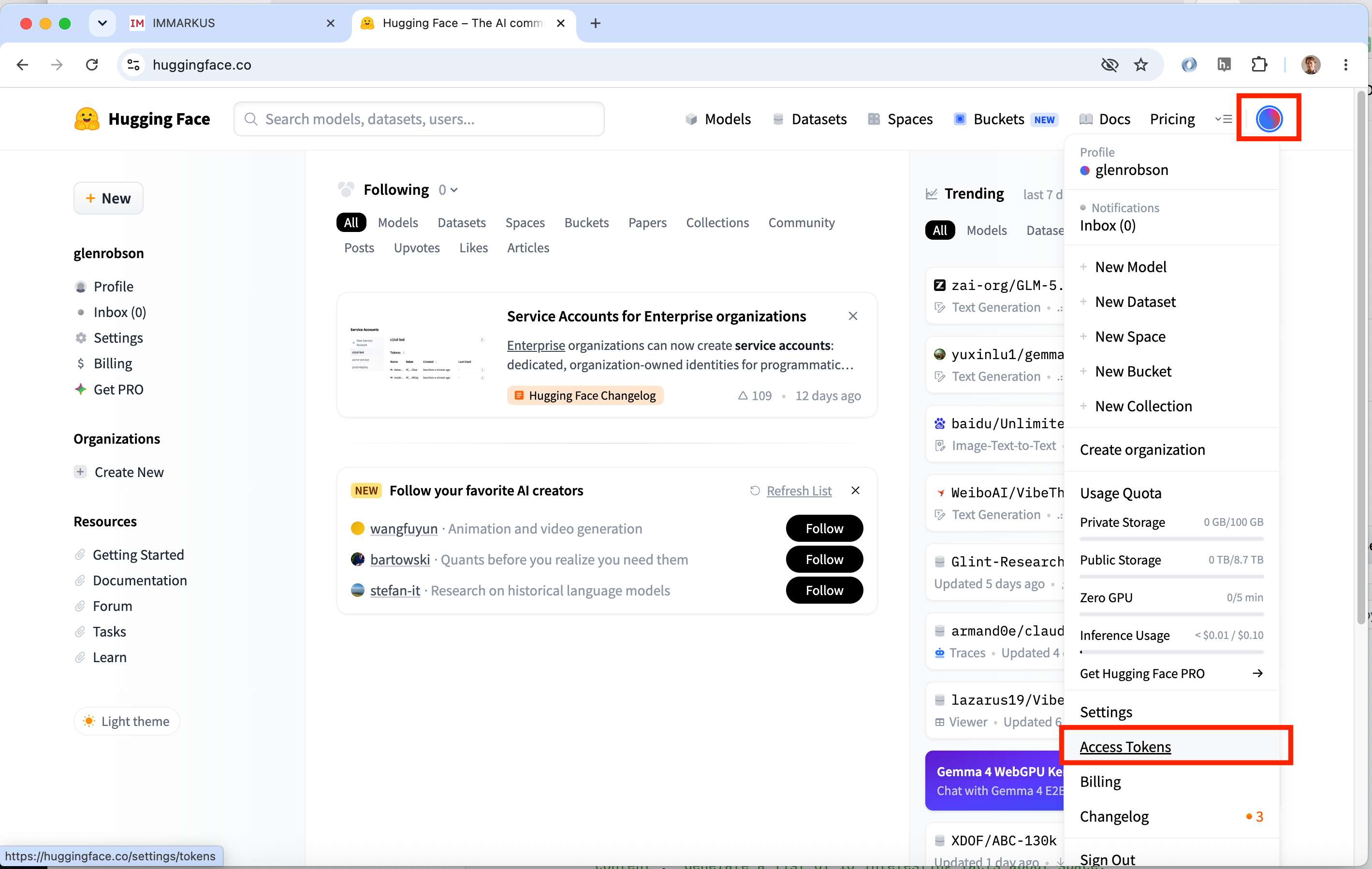 HuggingFace logged in screen showing the access tokens