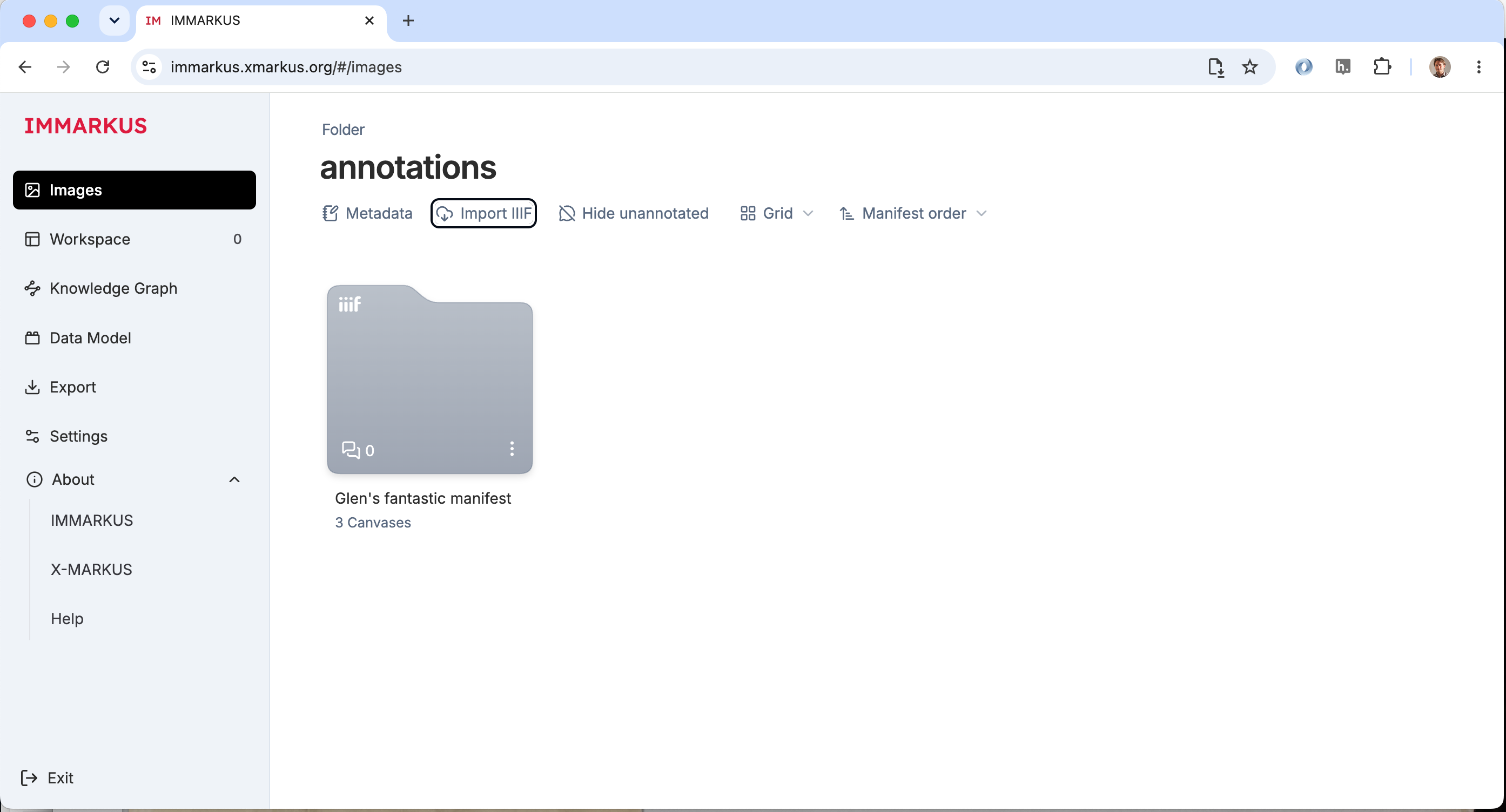 Open screen of immarkus showing your Manifest as a folder
