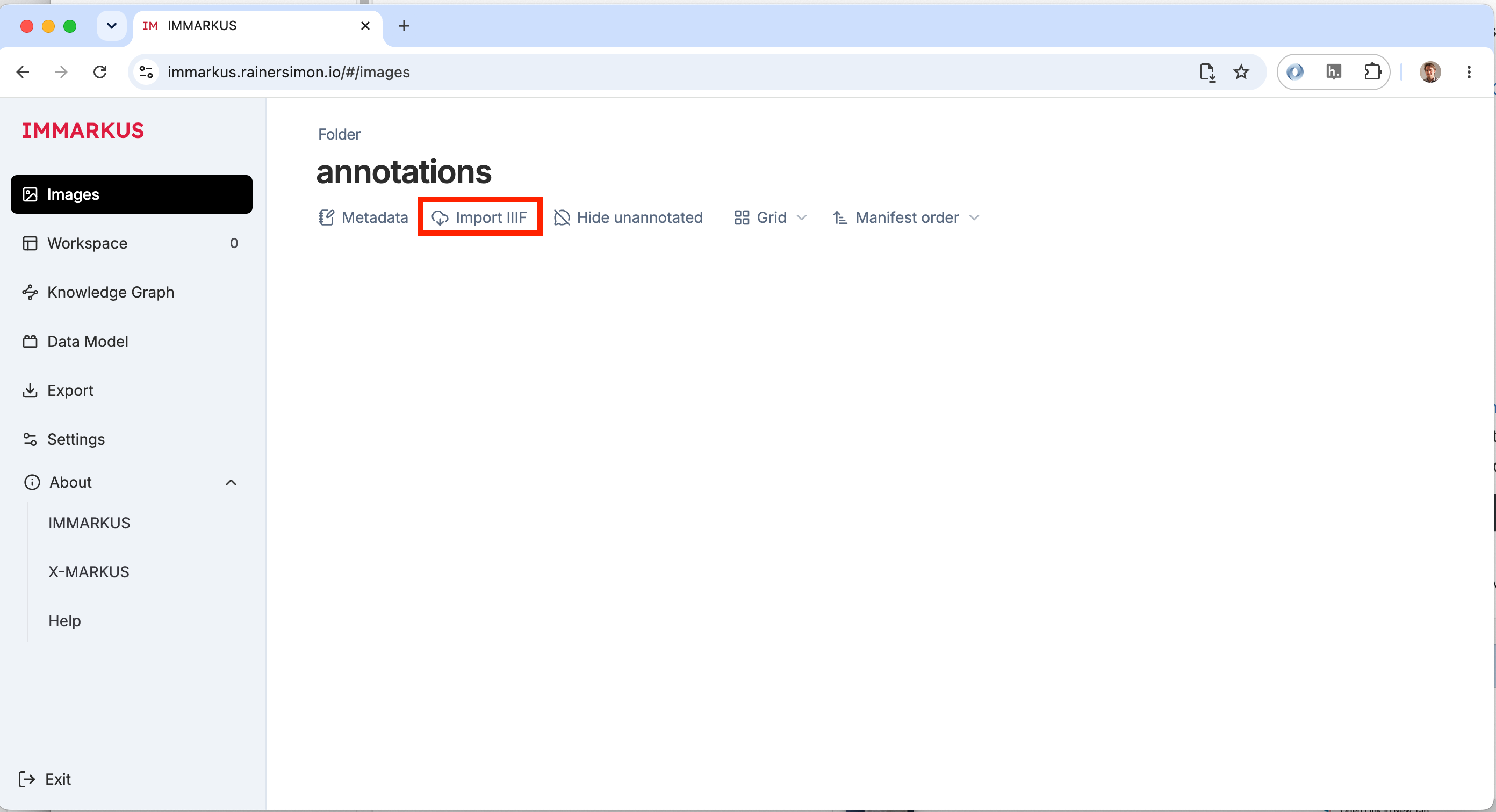 Screenshot showing the welcome screen of immarkus