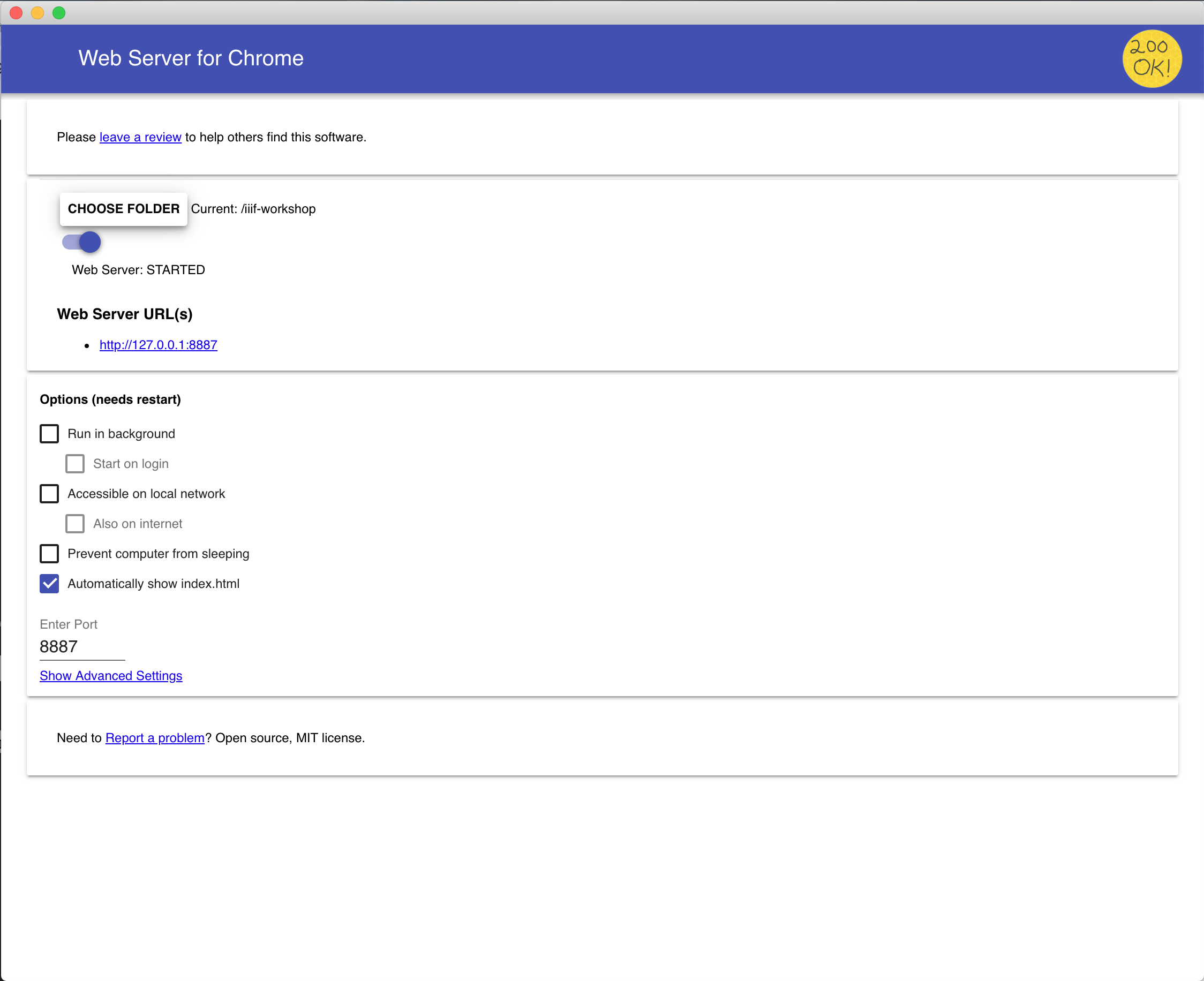 Image of Web Server for Chrome control panel