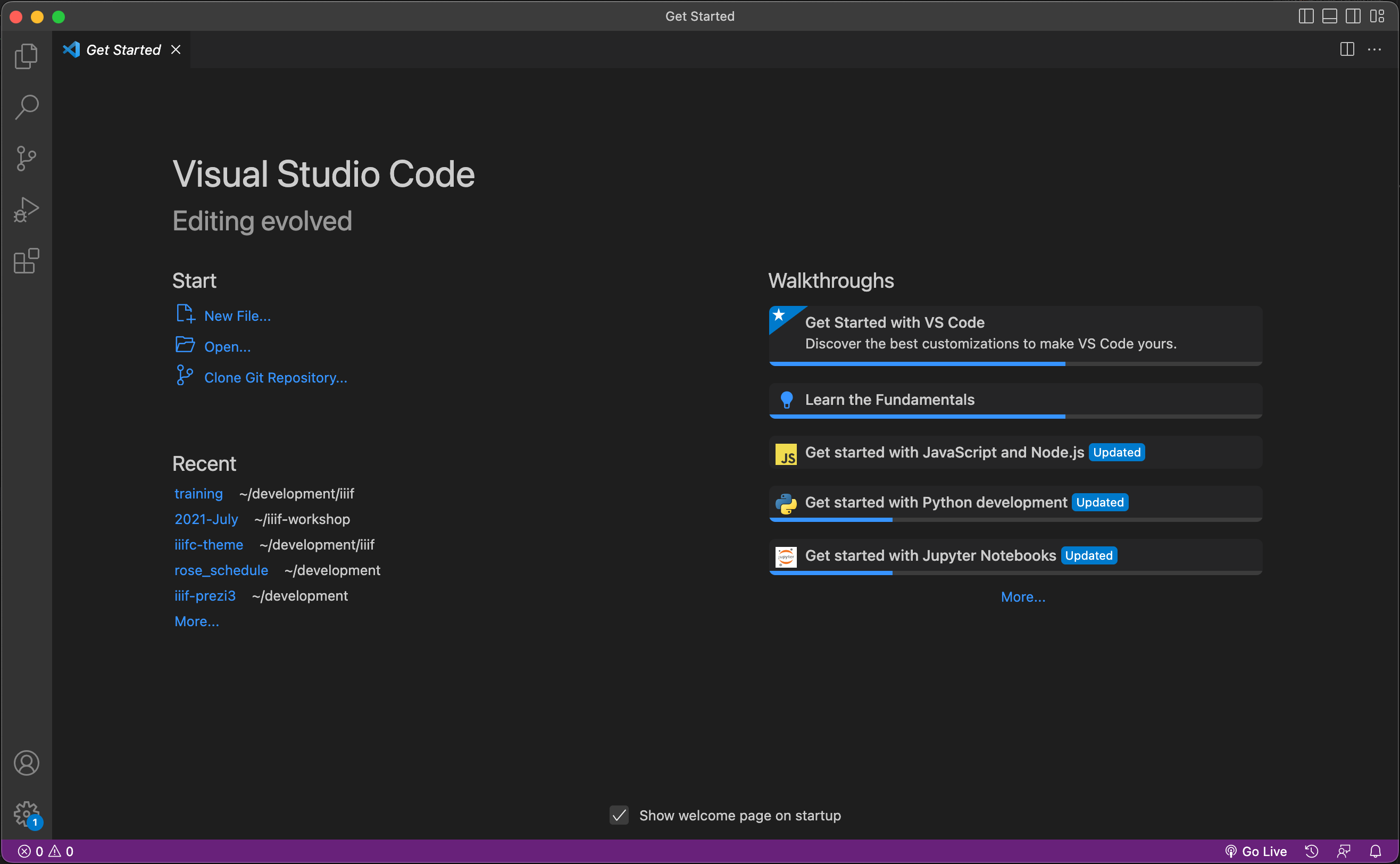 VS Code start page