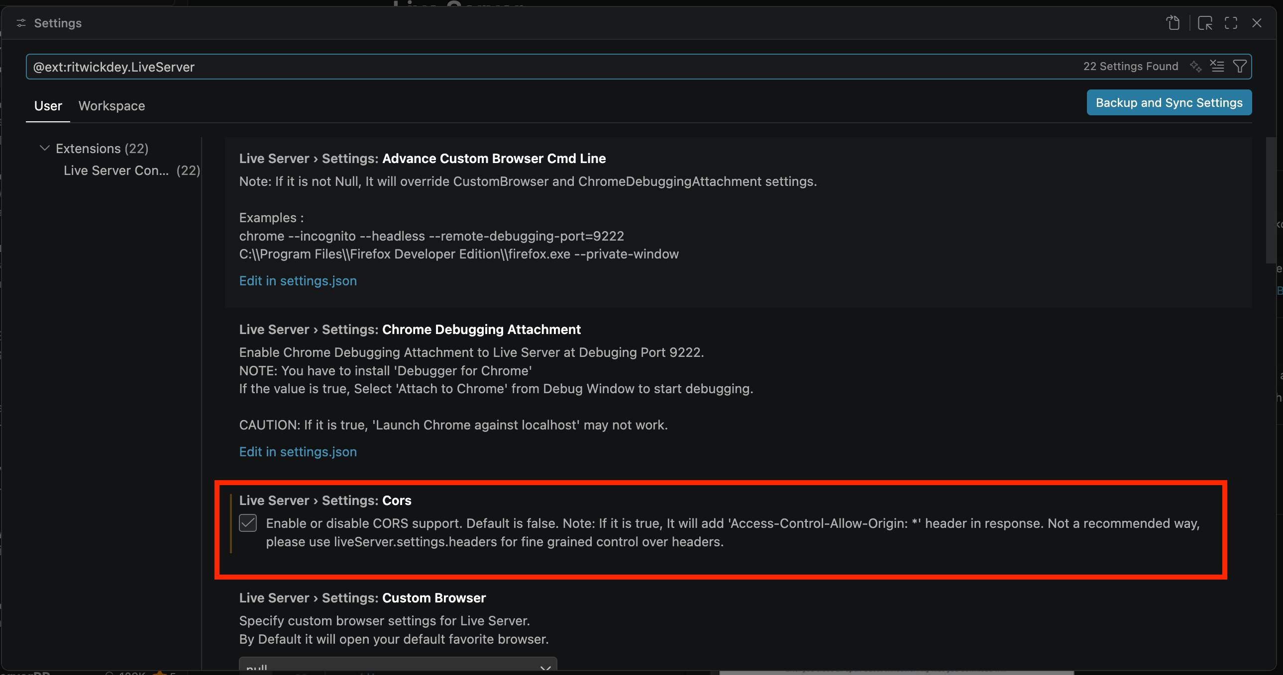 Settings showing the CORS option which should be selected
