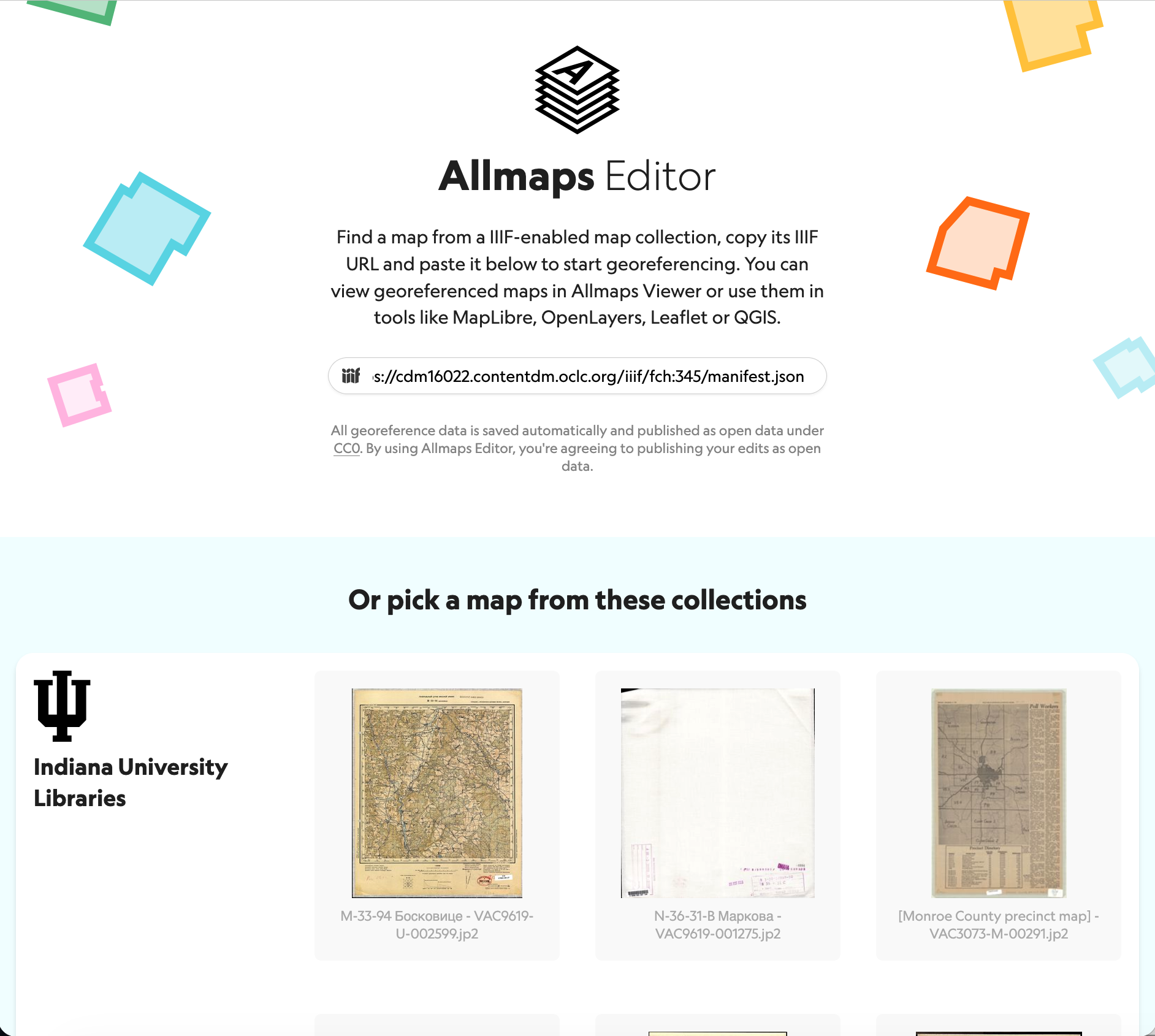 Allmaps Editor start screen showing where to enter the IIIF Manifest URL