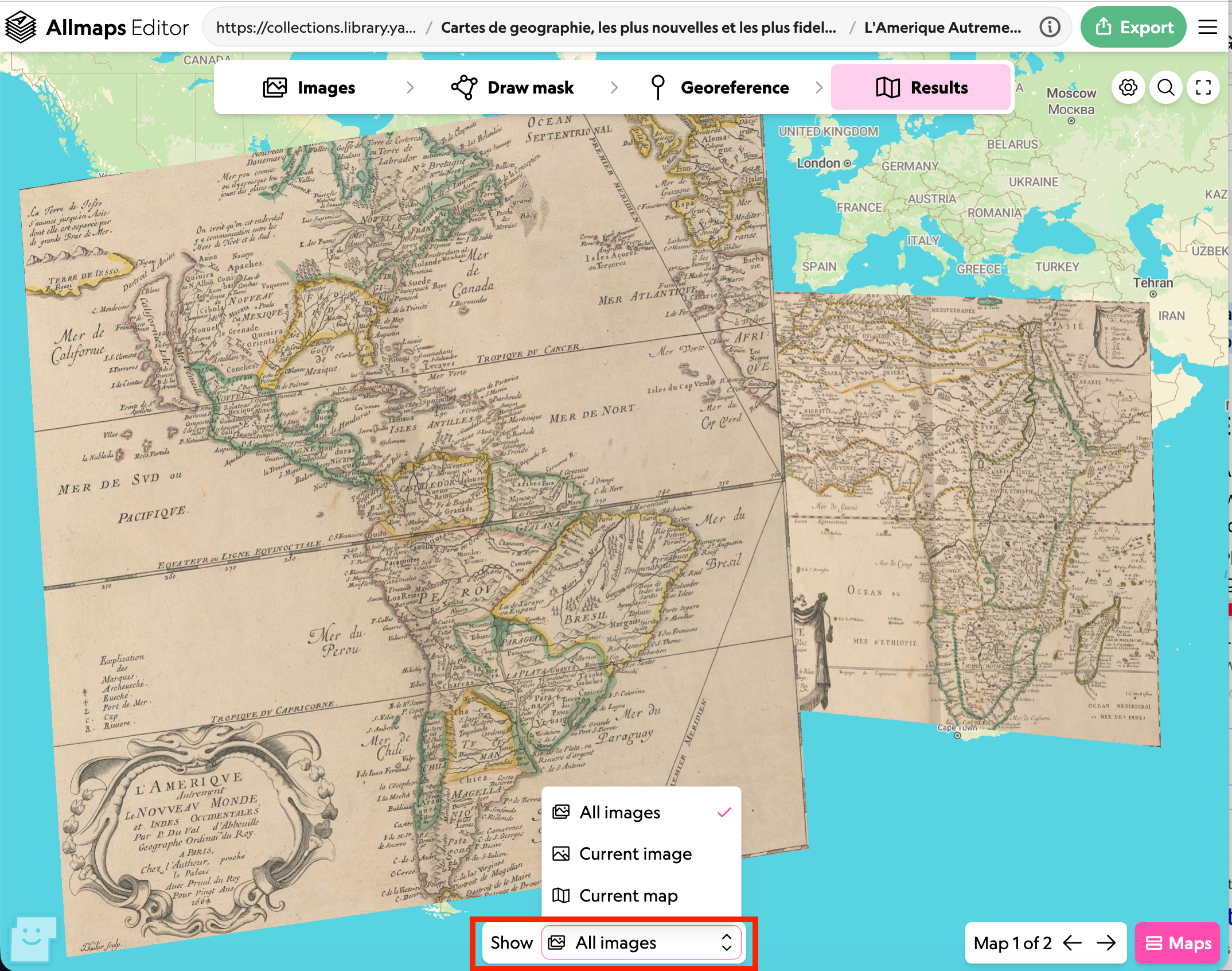 Screenshot of the results screen showing multiple images overlaid on the map